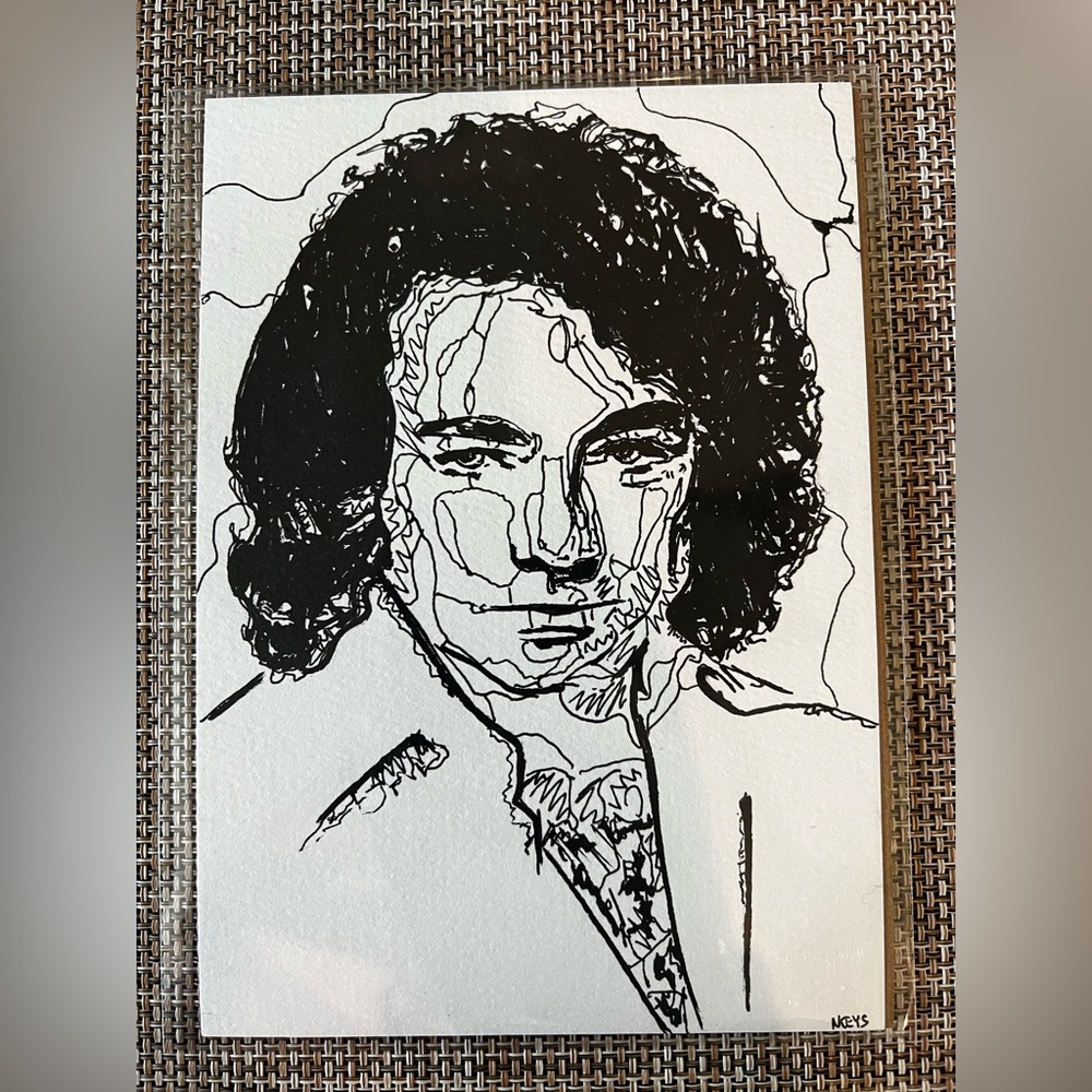Neil Diamond pen and paint Black and White Abstract Portrait Art 5x7in Original